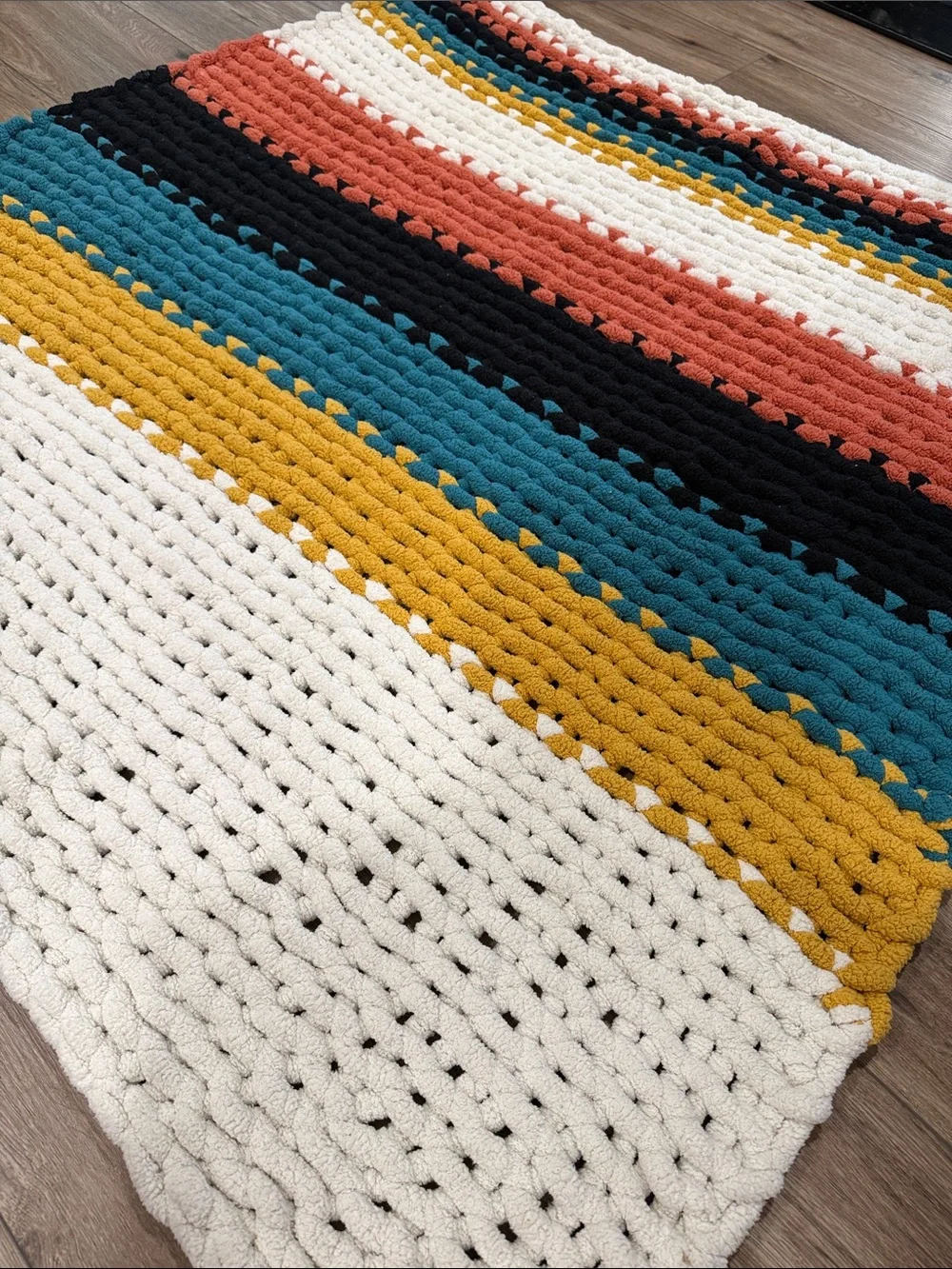 Chunky hand Crochet Stripe Throw in Cream, Mustard, Teal, Black & Rust
